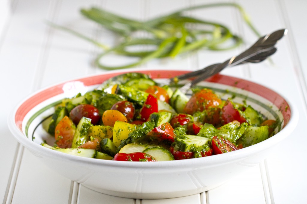 heirloom tomato salad with garlic scape dressing