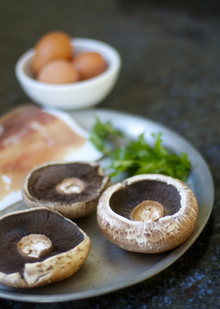Eggs, prosciutto, portobello mushroom caps
