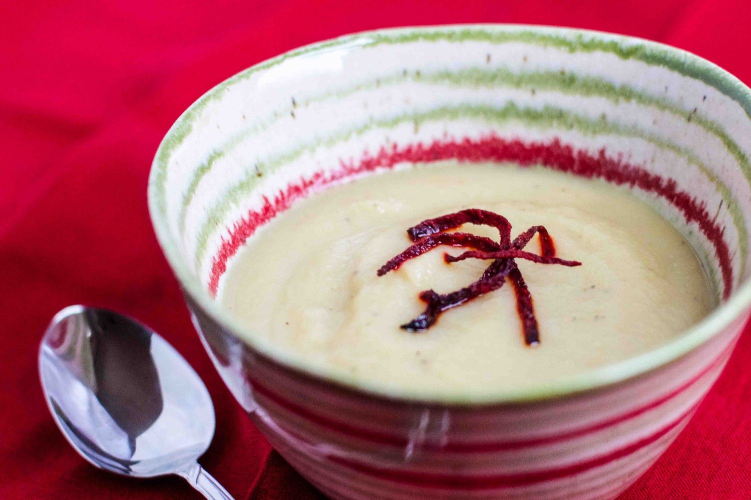 Parsnip and Celeriac Soup with Fried Beet Matchsticks (plus Giveaway)